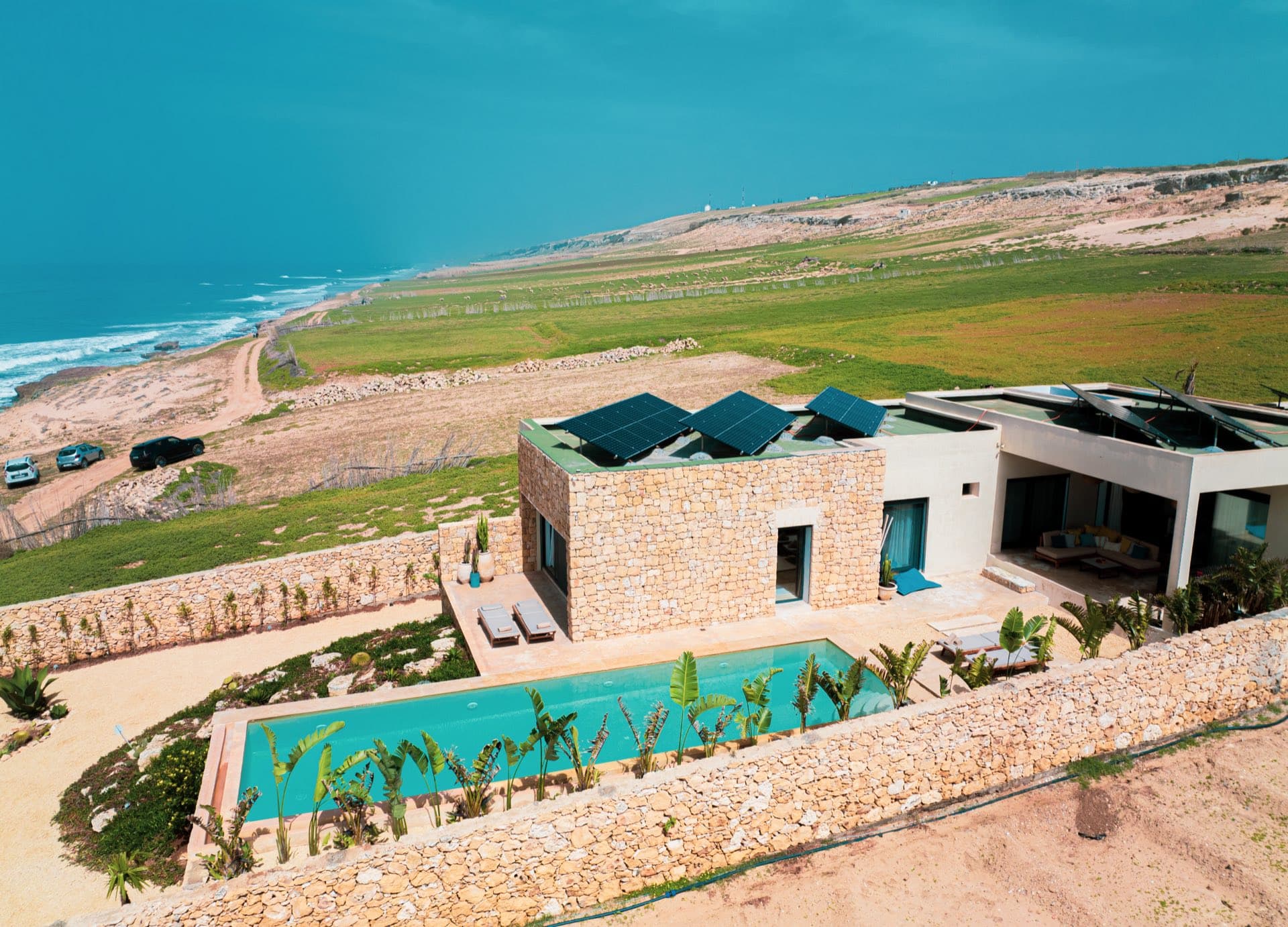 Aerial view of Villa Cama, pool facing the Atlantic Ocean